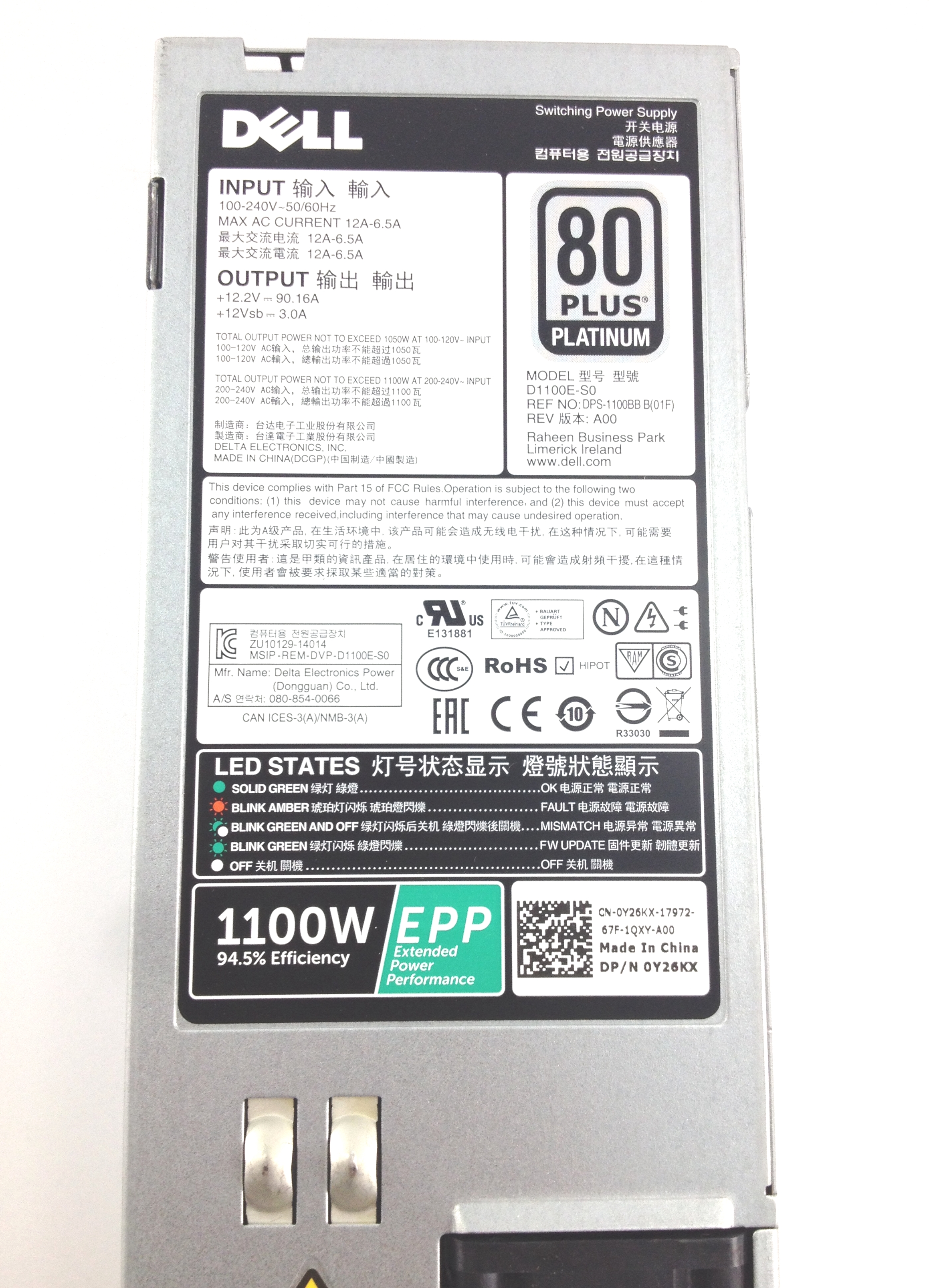 Dell PowerEdge 1100W EPP Watt PSU Power Supply For C4130 R730 R630 T630 R7910 (Y26KX)