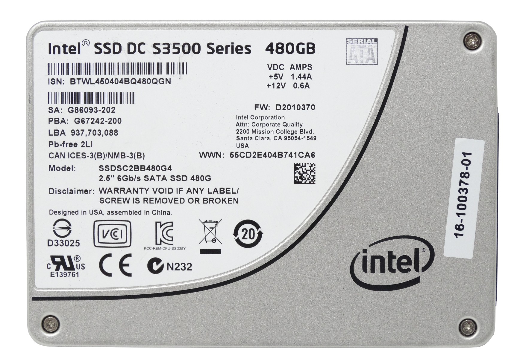 Intel SSD DC S3500 480GB 6Gbps SATA 2.5'' Solid State Drive SSD (SSDSC2BB480G4)