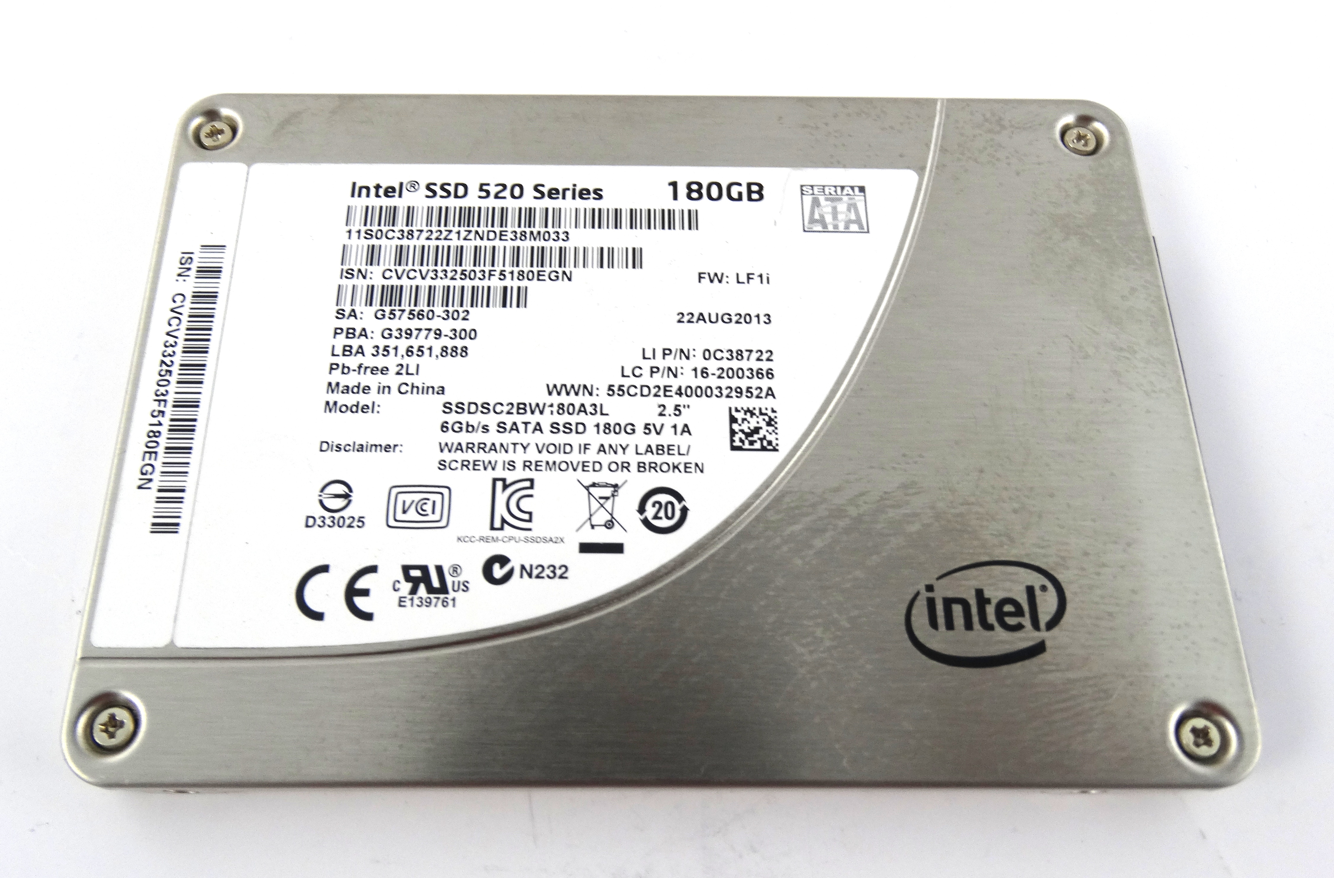 INTEL SSD 520 180GB 6GBPS SATA 2.5'' SOLID STATE DRIVE (SSDSC2BW180A3L)