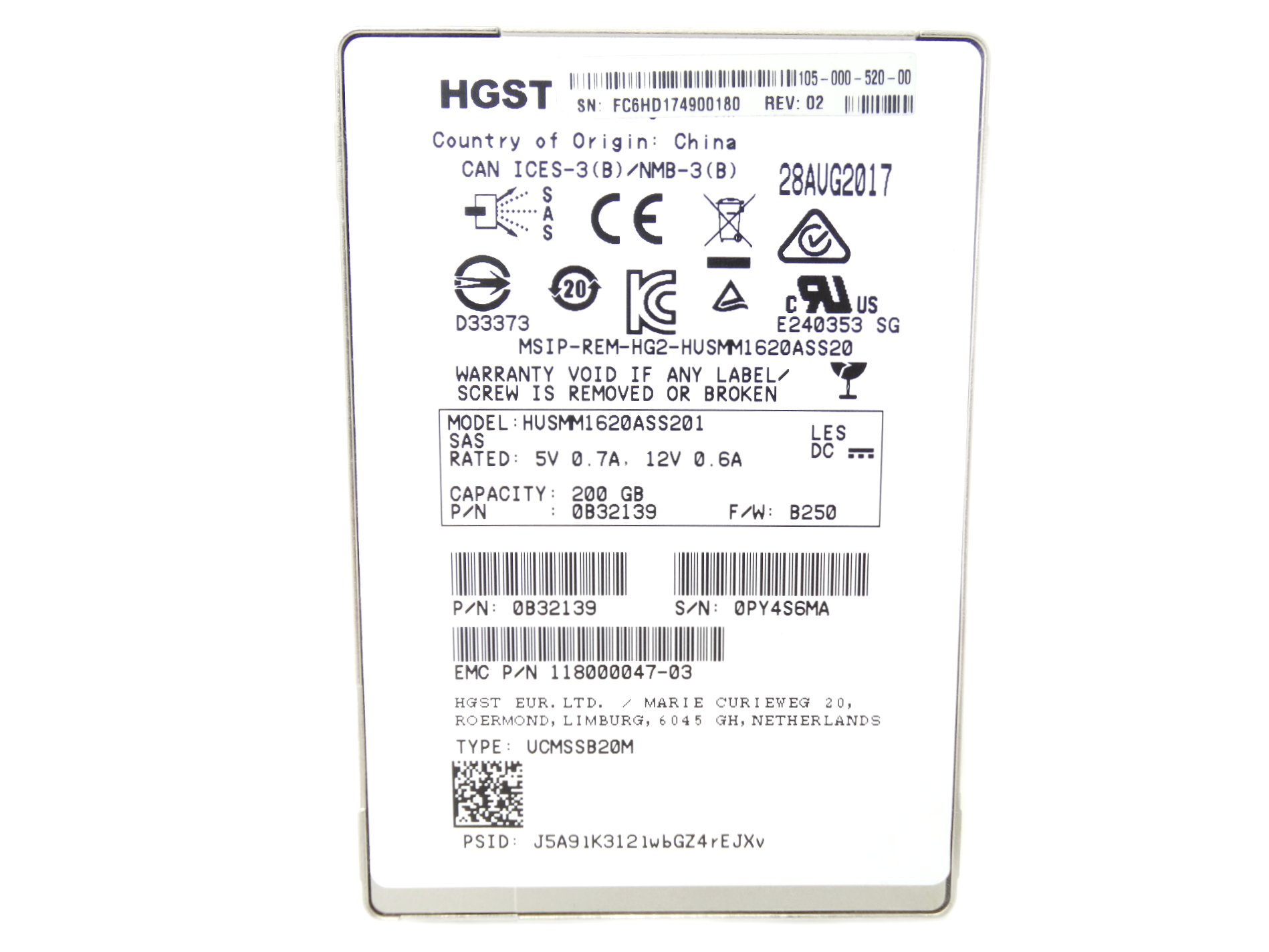 EMC HGST 200GB 12Gbps SAS 2.5'' SFF SSD Solid State Drive (HUSMM1620ASS201)